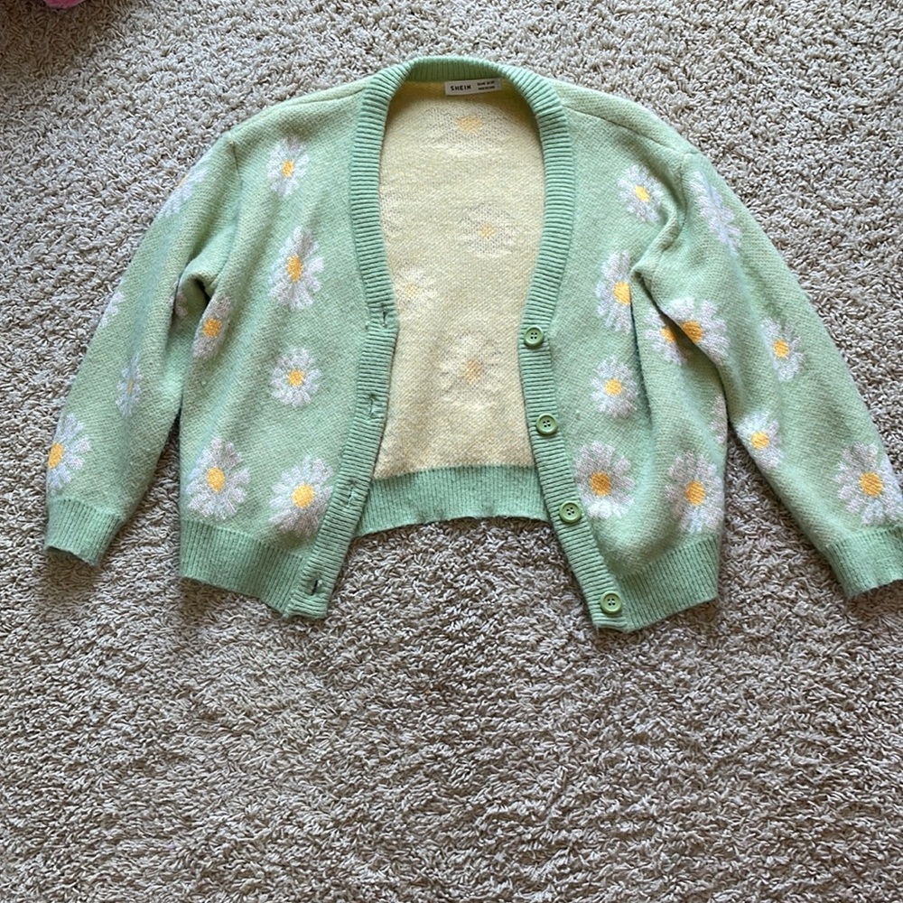 Girls light green flower print cardigan